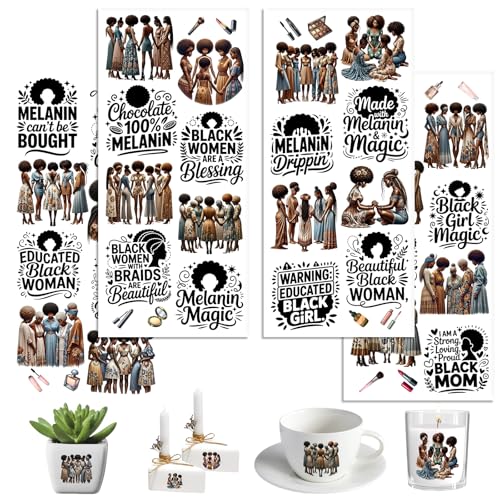 UV DTF Cup Wraps, 4 Sheets Black Women Quotes 16oz Glass Cups, Clear Transfer Stickers for Tumblers and Bottles, Assorted Pattern Set - style: Black Women Quotes