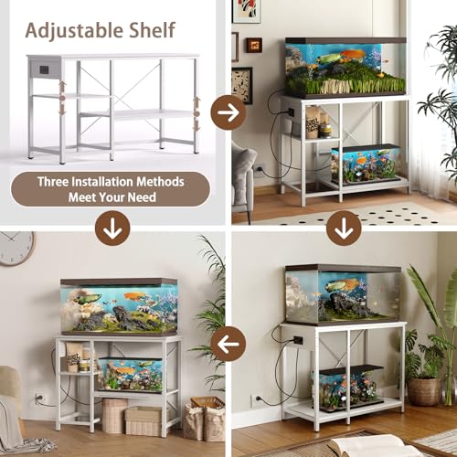 BEURUKU 40-50 Gallon Fish Tank Stand With Power Outlet & LED Light, Metal Aquarium Stand, 3 Tier Adjustable Storage Shelves for Reptile, Turtle, 36" L*18.5" W, White - color: White, size: 40-50 Gallon