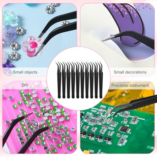 10 Pieces Tweezers for Crafting Stainless Steel Curved Pointed Tweezers Precision Sticker Tweezer with Protective Cover for Eyelash Extensions Stickers Rhinestones Crafts (Black) - color: Black