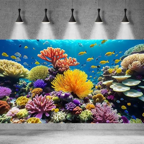 Underwater World Aquarium Background Deep Ocean Sea Marine Life Terrarium Backdrop Various Corals and Tropical Fish Aquarium Backdrop Blue Undersea Sunbeams Fish Tank Background Decors 24x12in - color: Coral Blue, size: 24(W)x12(H)in