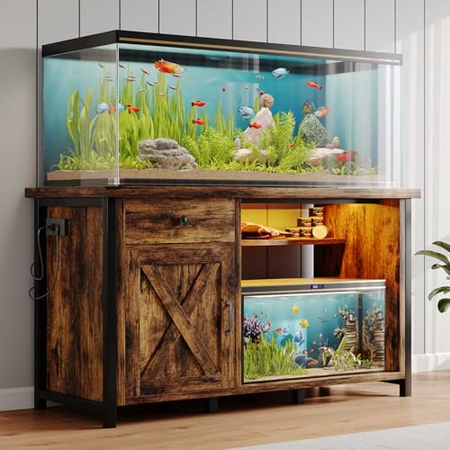 4ever2buy 55-75 Gallon Fish Tank Stand with Power Outlets, LED Light, Heavy Duty Aquarium Stand with Cabinet for Fish Tank Accessories Storage, for Turtle Tank, Reptile Terrarium, 1100LBS, Black - color: Brown and Black