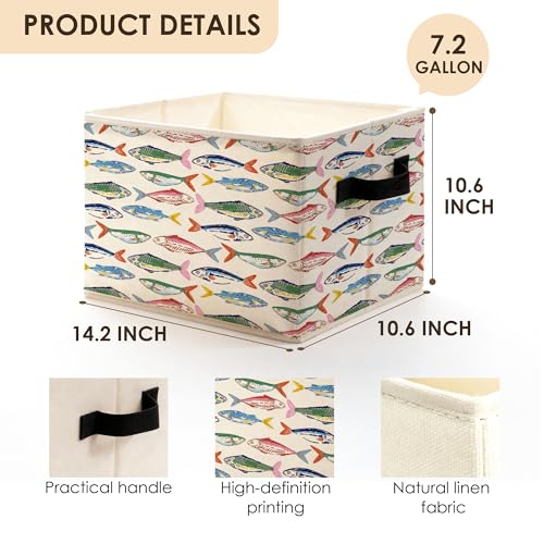Colorful Fish Coastal Beach Storage Bins Box with Handles, Nautical Ocean Seafood Sardines Fish Foldable Basket Toybox for Kids Nursery Bedroom Bathroom Home Clothes Toys Books - color: color-3