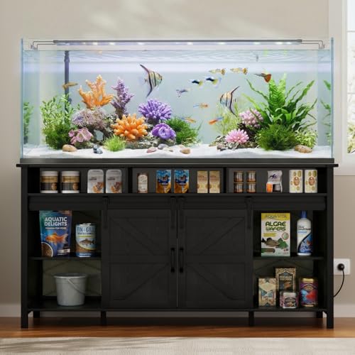 VOWNER 75-120 Gallon Fish Tank Stand with Power Outlet, Farmhouse Aquarium Stand with Storage Cabinet & Sliding Barn Doors, Heavy Duty Reptile Tank Stand, for 2 Tanks, 1000LBS Capacity, Black - color: Black