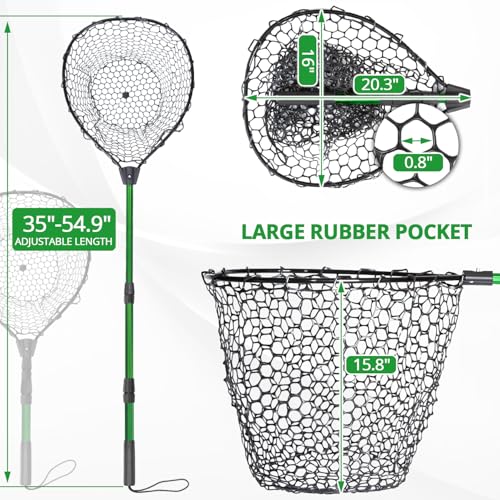 Rubber Fishing Net with Telescoping Handle - High Strength Landing Net for Fishing with Soft Rubber Netting, Two Sizes Options - size: L, Hoop Size: 20.3″ x 16″
