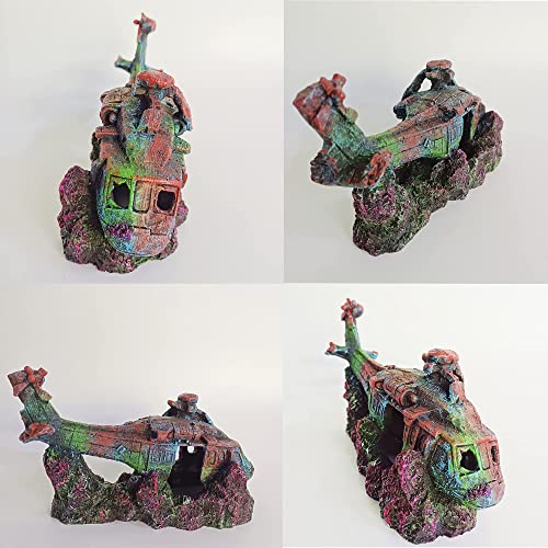 Helicopter Ruins Landscaping Fish Shrimp Shelter Resin Stone Tank Decoration for Turtles - color: Helicopter