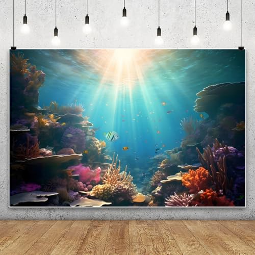 Underwater Sunlight Backdrop 10x8ft Tropical Fish Coral Photography Backdrop Blue Ocean Themed Background for Baby Shower Kids Birthday Party Decoration Portrait Photoshoots - color: Ocean-4