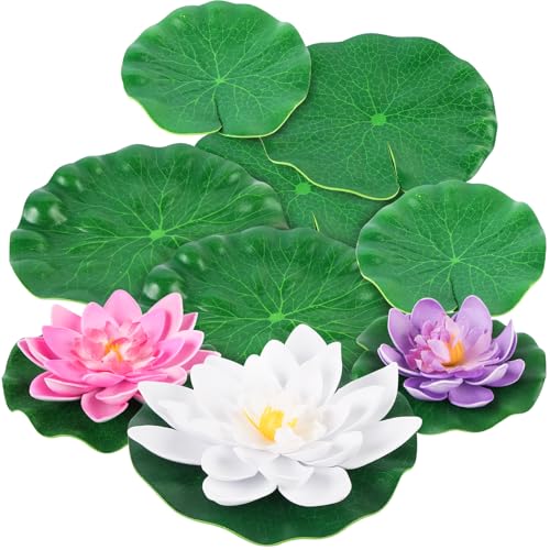 9 Pcs Artificial Floating Foam Lotus Flowers with Plastic Lotus Leaves, Artificial Lily Pads for Pond, Pond Plants Ornaments for Garden Koi Fish Pool Aquarium Pool Wedding Decor