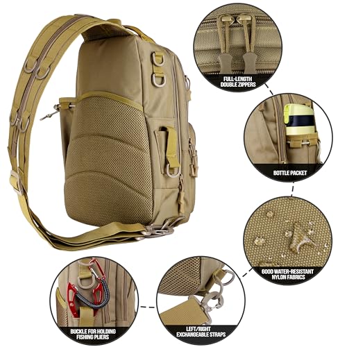PLUSINNO Fishing Backpack Tackle Bag, Water-Resistant Backpack with Rod Holder, Ideal Gifts for Men - color: Khaki Backpack With 4 Boxes