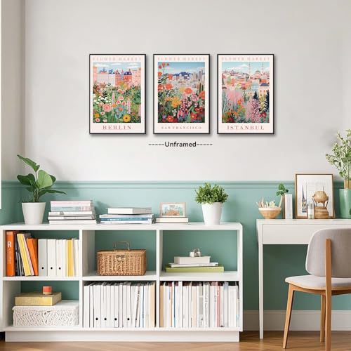 XLARTMY Flower Market Wall Art Prints Canvas Orange and Pink Floral Paintings Colorful Botanical Travel Flower Posters for Home Decor Pictures Set of 3 for Living Room Bedroom 16x24in Unframed - color: Flower Market ORange-2, size: 16x24in Poster