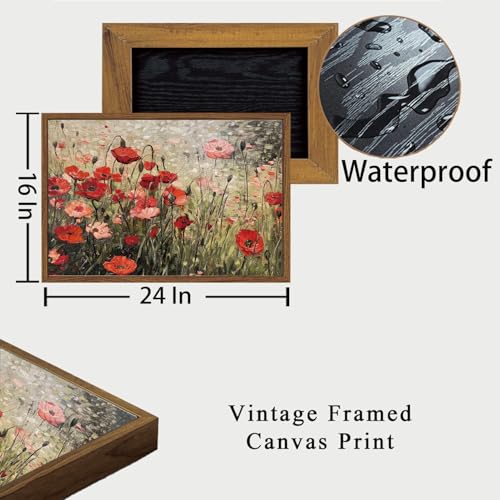 OIQArtOIQ Vintage Landscape Canvas Wall Art Framed Natural Scenery Painting Artwork Prints France Country Wilderness Farmhouse Decor Pictures Kitchen Bedroom Living Room Bathroom - color: Corn Poppy, size: 16x24 in