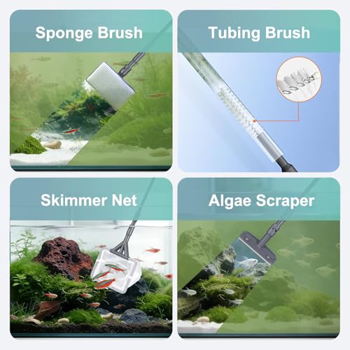 Carefree Fish 4IN1 Aquarium Cleaning Tools Long Handle Adjustable Length 18~24Inch Fish Tank Cleaner Kit Algae Scraper Scrubber Brushes Set - size: 18~24In