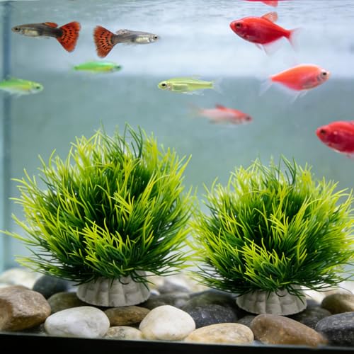 2pcs Aquarium Plants, Lifelike Artificial Fish Tank Plastic Grass Decorations Green Durable & Safe Goldfish Betta Fish Tank Decor Accessories Supplies for Freshwater Saltwater Aquariums