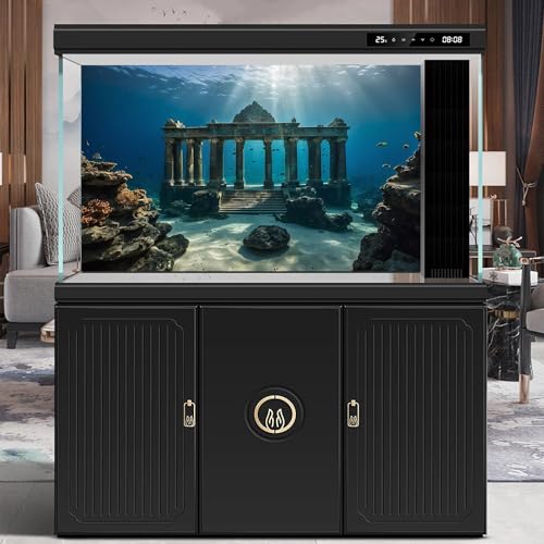 Under The Sea Scene Aquarium Background Tranquil Underwater Ancient Temple Fish Tank Background Deep Blue Sea Sunray Terrarium Backgrounds Blue Ocean Sunken Temple Reptile Tank Backgrounds 48x20in - color: Blue_Dark Brown, size: 48(W)x20(H)in
