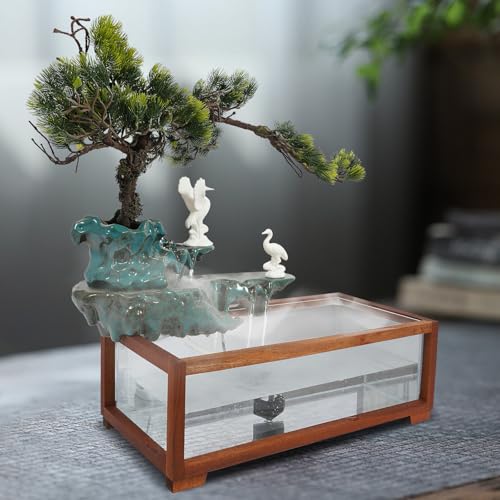 Tabletop Fountain Elegant Indoor Crane Water Fountain w/Fish Tank & Atomizer, Desktop Decoration with LED, Fake Plants Feng Shui Decor for Office Home
