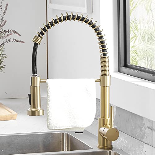 Kitchen Faucets with Pull Down Sprayer 304 Stainless Steel Industrial Single Handle One Hole Faucet for Farmhouse Camper Laundry Utility Rv Wet Bar Sinks Gold 9009K - color: C - Brushed Gold