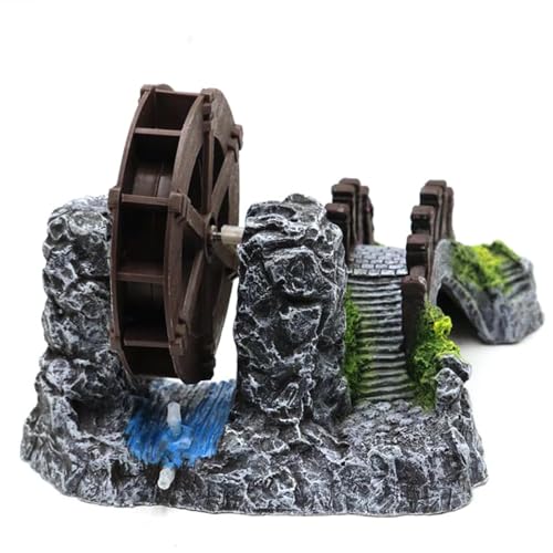 Aquarium Ornament - Water Wheel Bridge Statue, Chinese Potted Plant Simulation Decoration, Fish Tank Accessory, Sturdy Resin Material for Freshwater and Saltwater Tanks 7.09x5.91x4.72 Inches