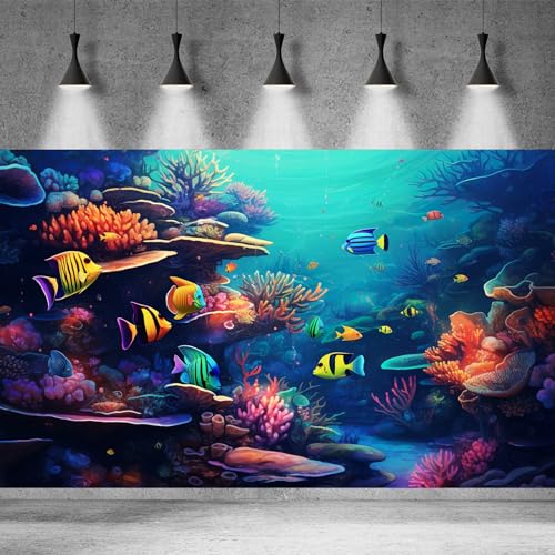 Underwater Aquarium Background Vibrant Coral Reef and Tropical Fish Terrarium Background Deep Ocean Aquatic Marine Plants Fish Tank Backdrop Poster Wallpaper Decorations Vinyl 24x12in - color: Marine Red, size: 24(W)x12(H)in