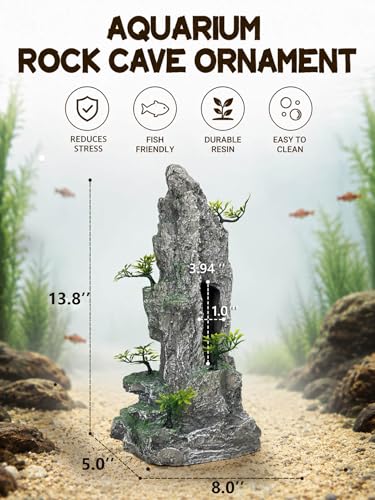 Aquarium Decor - Tall and Large Mountain Rock Ornament for Fish Tank, Aquarium Hideout with Rock Texture for Betta, Guppy, Shrimp - Safe Aquatic Decoration, Fish Hiding House（Grey） - color: Tall Peak Rock - Grey