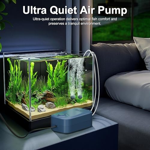 Aquarium Air Pump, Dual Outlet Quiet Oxygen Aerator Pump for Fish Tanks, Adjustable Air Valve Complete Bubbler Kit for Small Aquariums - size: Up to 200 Gallons