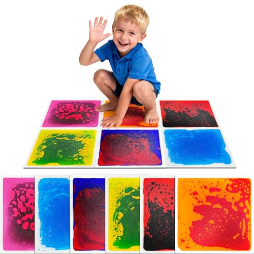 Liquid Sensory Floor Tiles for Kids Ages 3+ – 11.8" Step-On Toys with Color Flow Effect & Non-Slip Textured Base – for Classroom Use or Calm Zones (6-Pack) - style: Regular Tiles (6-Pack)