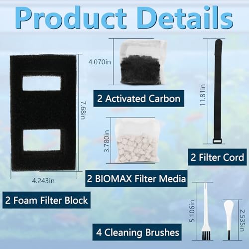 Aquarium Filter Media Set for Fluval SPEC, EVO, Betta and Flex Desktop Aquarium Series, Includes 2 Biomax Filter Media, 2 Carbon Filter Refills, 2 Foam Filter, 2 Filter Cord and 4 Cleaning Brushes