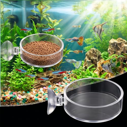 2 Pcs Shrimp Feeding Dish, 65mm Round Aquarium Feeder Dish with Suction Cups Clear Acrylic Fish Tank Feeding Bowls