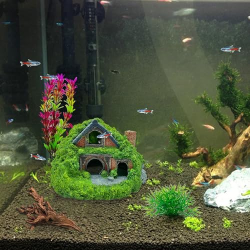 Fish Tank Hobbit Decorations,Resin Small Fish Cave Hideout House,Aquarium Decor Hide Hole Shelter Hut Ornaments Mini Garden Decorating Accessories - color: Green-5.5 X 5.3 X 3.5 Inches
