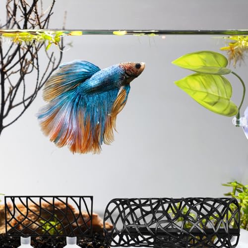 Betta Fish Tunnel Tube & Hammock with Leaf Pad, Blue, Aquarium Decor Ornament, Wall Hanging, Small Fish & Shrimp Habitat