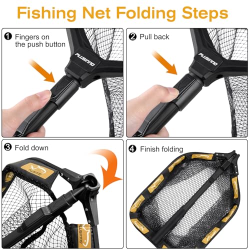 PLUSINNO Floating Fishing Net for Steelhead, Salmon, Fly, Kayak, Catfish, Bass, Trout Fishing, Rubber Coated Foldable Landing Net with Fixed or Telescoping Pole Handle, Fishing Gear and Gifts for Men - color: 11.8/30cm Hoop Size Orange (Fixed Pole)