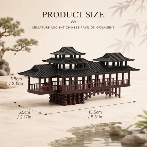 LOGOFUN Mini Ancient Chinese Pavilion Ornament with Arched Bridge for Micro Landscape Garden Bonsai Model Decoration - 13.5x5x5.5cm