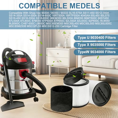 2-Pack 90304 Cartridge Filter with Lids + 4 Foam Sleeves & 1 Cleaning Brush - Replacement for Shop Vac 90304 90350 90333 90585 - Fits Most 5 Gallon & Above Wet/Dry Vacuums - High Efficiency Kit
