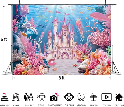 Under The Sea Backdrop Summer Underwater World Wonderland Castle Coral Shell Mermaid Ocean Theme Photography Background Girls Princess Baby Shower Birthday Party Decorations Photo Props (8x6FT) - size: 8x6FT