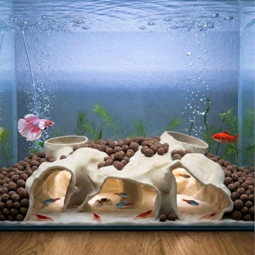 Large Aquarium Tunnel & Cave (9.5" L), 3D Printed Substrate Viewer Fish Hideout with Wide Top Entrances, Tank Decor for Small Fish, Corydoras, Betta & Shrimp- Set with 3 Mini Accessories (Yellow) - color: Golden Sand