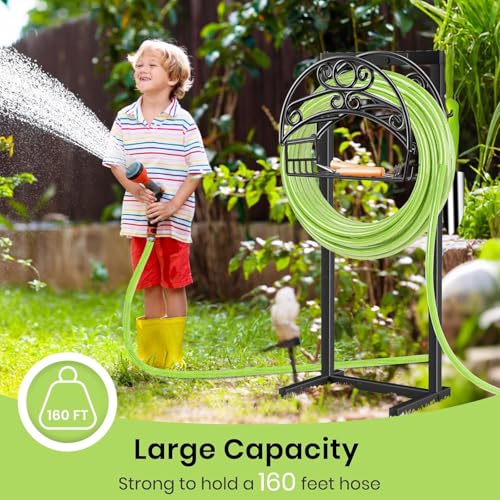 TomCare Garden Hose Holder Upgraded Water Hose Holder Heavy Duty 4 Spikes Hose Hanger Holds 160 Feet Hoses Stable Freestanding Hose Storage Organizer for Outside Yard - color: Black