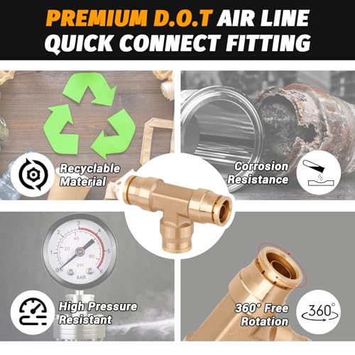 4PCS 3/8" Tee Union DOT Air Fittings，3 Way Tube Air Line Adapter Quick Push to Connect Fittings Brass Union Tee for Car Truck Trailers and Air Brake System - color: DOT Union Tee, size: 3/8" Od