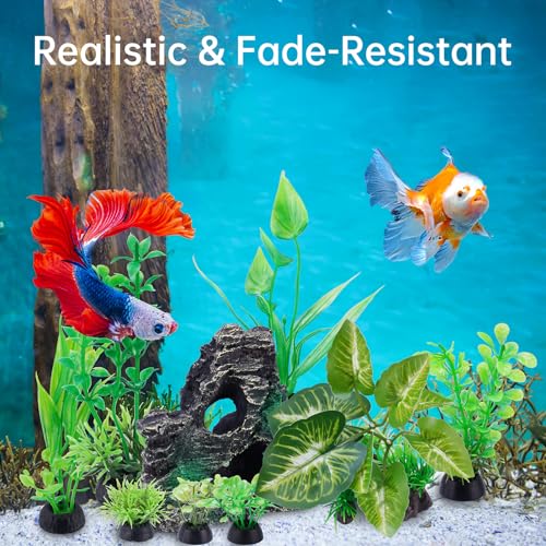 NiHome 9PCS Realistic Aquarium Artificial Plant Decoration Set, Weighted Base Driftwood, Rock Mountain & Aquatic Plants, Non-Fading Aquascape Greenery Ornaments for Freshwater or Saltwater Fish Tanks