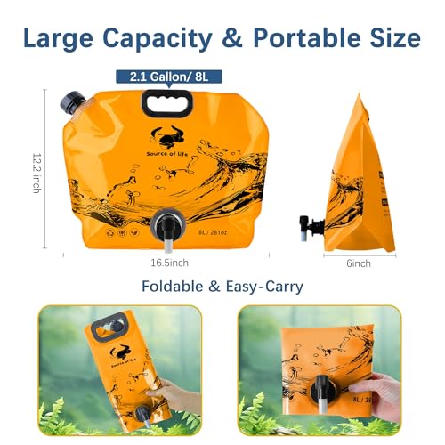 Water Jug Camping 2.1 Gallon Collapsible with Spigot, BPA Free Portable Water Pouch Foldable Water Bags for Outdoor Hiking, Travel and Emergency & Water Storage Containers (Orange-3Pcs) - color: Orange-3Pcs