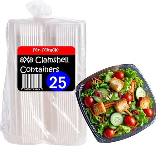 Mr Miracle Clear Plastic Takeout Containers - Durable and Sturdy Clamshell Food Boxes for To-Go and Storage - 8x8x3 Disposable Clam Shell Containers, 25 Pack - Easy Open Hinge Design - size: 8" x 8" - 25 Count