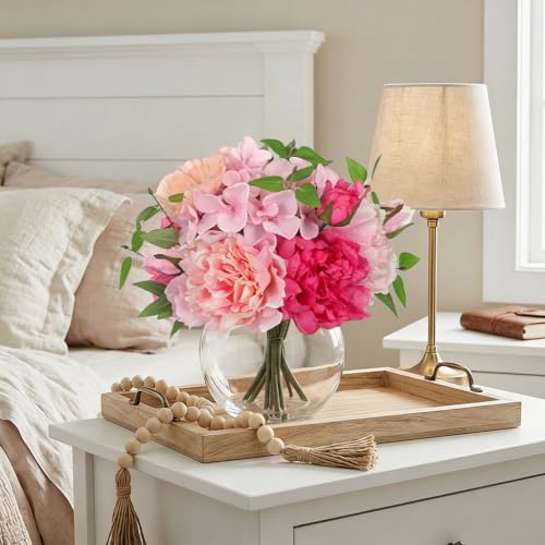 Artificial Flower in Vase, Faux Silk Flowers Arrangement Peony Hydrangea Poppy Eucalyptus Bouquet with Faux Water, Fake Floral Centerpiece for Dining Table Home Decor Wedding Office Shelf - Pink - color: Hot Pink