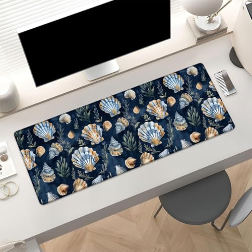 Seashell Print Gaming Mouse Pad, Blue and Gold Seashells Large Desk Mat for Computer, Extended Keyboard Laptop Mouse Pads 31.5×11.8in, Non Slip Rubber Mousepad for Office Decor Gifts - color: Seashell24