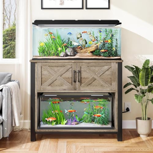 DWVO Heavy Duty Metal Aquarium Stand with Power Outlets, Cabinet for Fish Tank Accessories Storage - Suitable for 40-50 Gallon Fish Tank Stand, Turtle, Reptile Terrarium, 660LBS Capacity, Grey