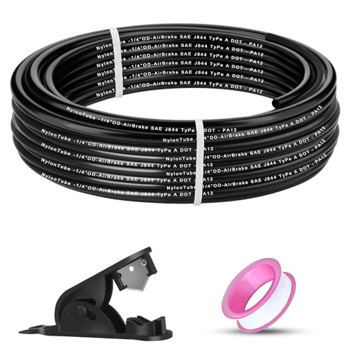 1/4" OD x 50FT DOT Air Line Black SAE J 844 PA12 Nylon Air Brake Tubing with Cutter and Teflon Tape, Pneumatic Nylon Air Line Hose for Semi Truck Trailer Air Brake System & Fluid Transfer - size: 50FT-1/4"OD