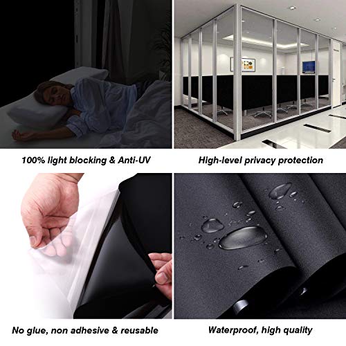 Total Blackout Window Film 100% Light Blocking Non Adhesive No Residue Removable Opaque Static Cling Privacy Glass Tint for Home Bedroom Darkening Heat Control (17.5 in x 6.56 Ft)