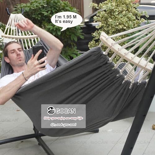 GOCAN Double Hammock 2 Person Extra Large 220x150cm Total Length 330cm Load 500lb Canvas Cotton Hammock for Patio Porch Garden Backyard Lounging Outdoor and Indoor with Removable Spreader bar - color: Dim Grey