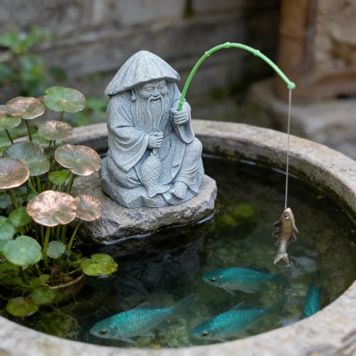 livelyfish Aquarium Fisherman Statue Japanese Old Man Figurine Sandstone Sitting Fishing Figurines for Fish Tank Garden Home Decor (E2) - color: E2