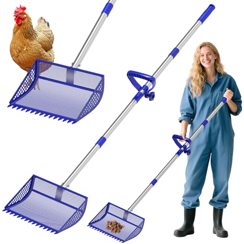 Chicken Poop Scooper Rake 2-in-1,304 Stainless Steel Shovel Head, Chicken Litter Scoop with Handle for Chicken Coop for Sand, Pet Waste Cleaning, Litter Sifting Shovel (35 to 65") (Bule, 12inch) - color: Blue, size: 12Inch