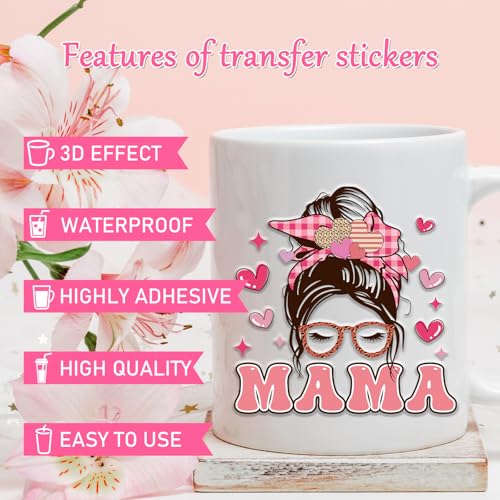 Rngmsi Mama UVDTF Cup Wrap - 20 Sheets Mom UV DTF Cup Wraps for 16 oz, Pink Bow Aesthetic Uvdtf Stickers for Glass Water Botters, Rainbow Flower Affirmative Rub on Transfer Decals - style: Mama