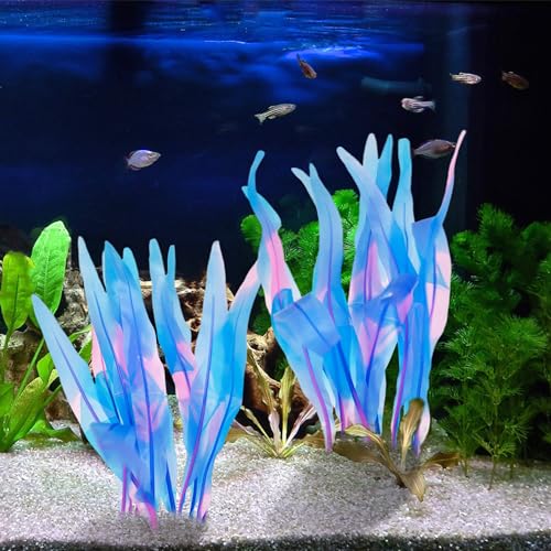 Kaiyuan Dynasty 2pc Silicone Aquarium Plants Artificial Plants for Fish Tank Glowing Kelp Aquarium Plant Decor Fish Tank Plants Simulation Artificial Water Grass,7inch,Blue - color: Blue