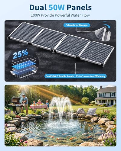 Solar Pond Filter & Pump Kit, 100W Foldable Solar Panel with 3-Stage Filtration, Dual Mode Fountain & Waterfall Pond Filter for Outdoor Ponds, Fish Ponds, Garden Water Features - style: 100W-Solar Powered