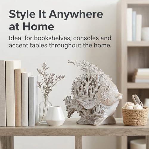 7.28'' Ocean Coral Fish Sculpture - Resin Coastal Fish Figurine with Coral Backdrop, Ocean Blue & Sandy Beige Finish - Nautical Tabletop Accent for Living Room, Beach House & Bathroom Decor - color: Antique White, size: Small
